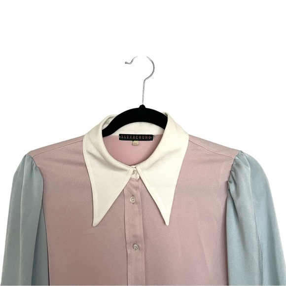 AlexaChung Pink Blue Pointed Collar Color Block Pastel Satin Shirt US 8 - Picture 4 of 13